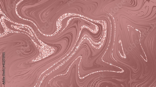 Colorful vector rose gold glitter marbling texture, bright festive fluid abstract background. Liquid effect, ebru pink gold.