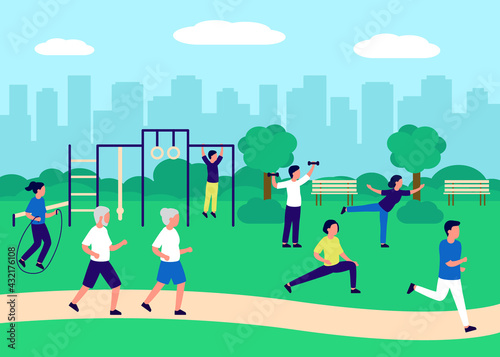 People gathering in city urban park and going sport in nature together, active exercise. Urban landscape, recreation area with men and women performing leisure activities outdoors. Vector illustration