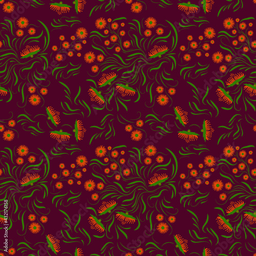 Folk floral art pattern. Flowers abstract surface design. Seamless pattern
