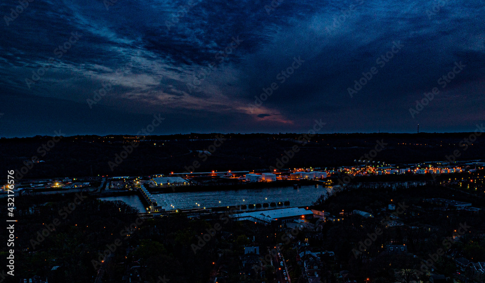 Fototapeta premium Lock and Dam lit up at night