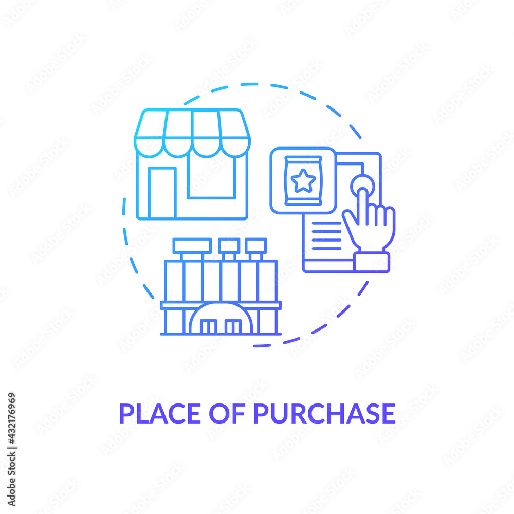 Purchase place concept icon. Customer behavior pattern idea thin line illustration. Obtaining food and essential items. Online shopping. Department stores. Vector isolated outline RGB color drawing
