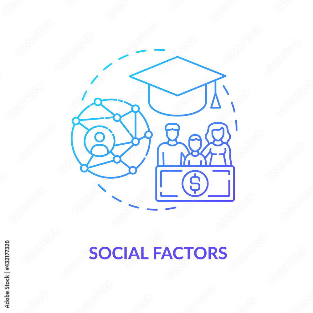 Social factors concept icon. Purchase decision factor idea thin line illustration. Sharing indirect relationship. Co-workers. Interaction on regular basis. Vector isolated outline RGB color drawing - obrazy, fototapety, plakaty 