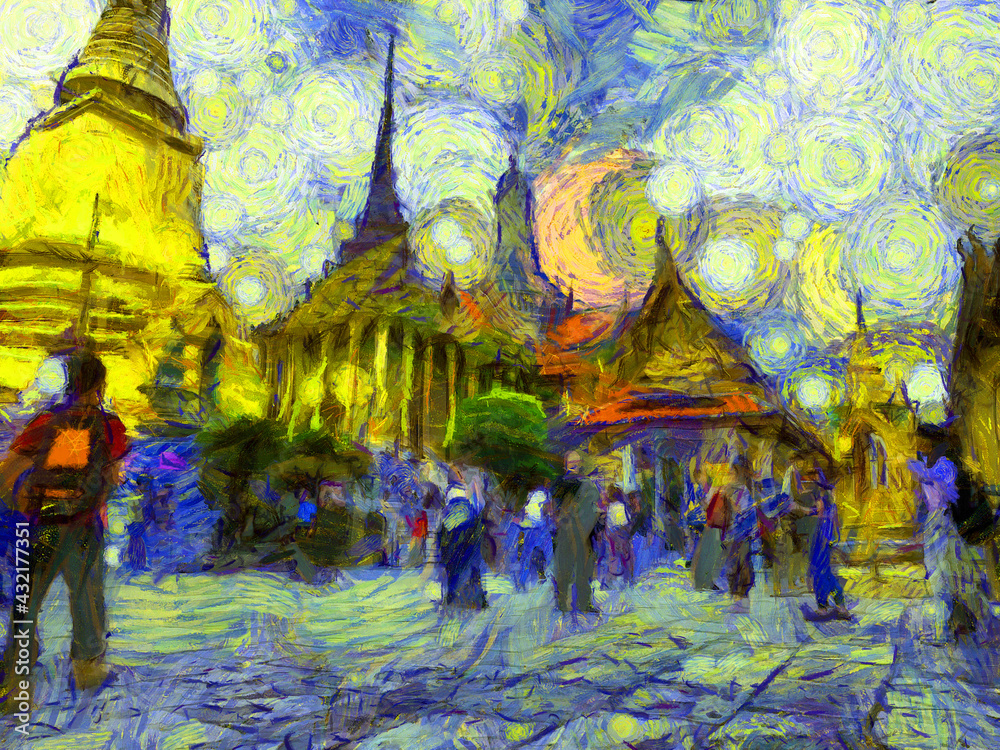 The grand palace, wat phra kaew bangkok thailand Illustrations creates an impressionist style of painting.