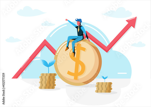 Investment growth vector illustration concept,Young Man sit on money coin  .
