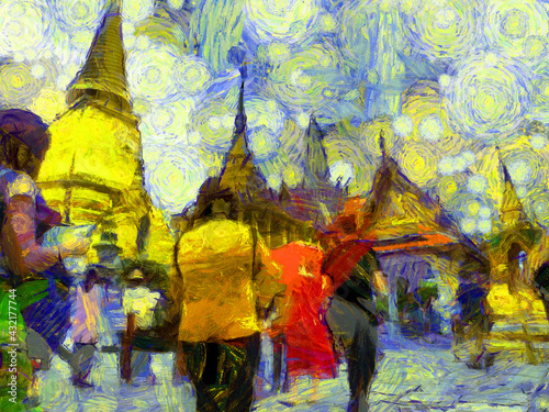 The grand palace  wat phra kaew bangkok thailand Illustrations creates an impressionist style of painting.