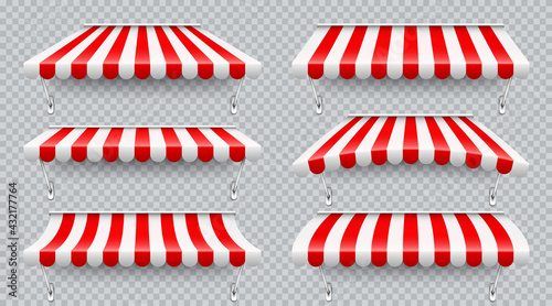 Shop sunshade with metal mount. Realistic red striped cafe awning. Outdoor market tent. Roof canopy. Summer street store. Vector illustration.