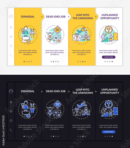 Job transition reasons onboarding vector template. Responsive mobile website with icons. Web page walkthrough 5 step screens. Career change causes color concept with linear illustrations