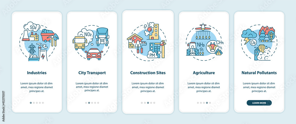 Outdoor air pollutants onboarding mobile app page screen with concepts. Industry, construction walkthrough 5 steps graphic instructions. UI, UX, GUI vector template with linear color illustrations