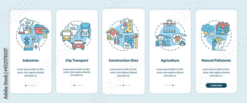 Outdoor air pollutants onboarding mobile app page screen with concepts. Industry, construction walkthrough 5 steps graphic instructions. UI, UX, GUI vector template with linear color illustrations