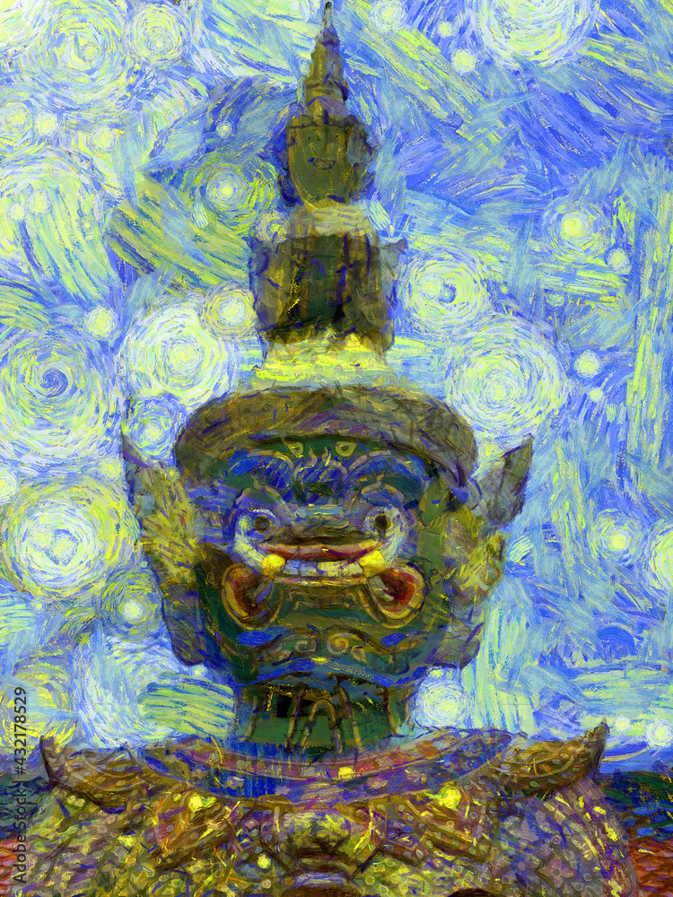 Obraz premium Ancient statues, ancient building decorations, giant beast figures, ancient thai architecture Illustrations creates an impressionist style of painting.