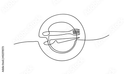 Continuous Line drawing of Plate, Knife and Fork. Minimalist Vector illustration for restaurant menu in lineart style. Black drawing on white background