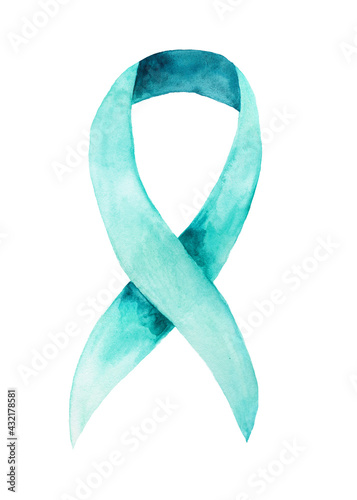 Teal ribbon symbol. Awareness for ovarian cancer, rape, food allergies, Tourette Syndrome, Sexual assault, sexual abuse. Watercolor hand drawn ribbon isolated on white close-up.