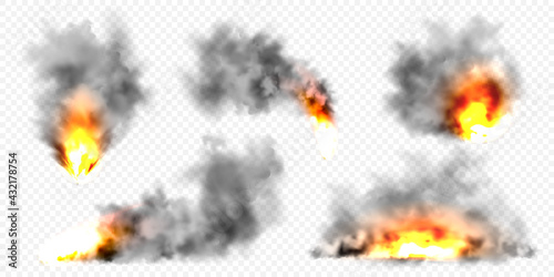 Fototapeta Realistic black smoke clouds and fire