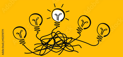 chaos line pattern. Comic brain electric lamp idea doodle. FAQ, business loading, order concept. Fun vector light bulb icon or sign ideas. Brilliant lightbulb education or invention pictogram banner.