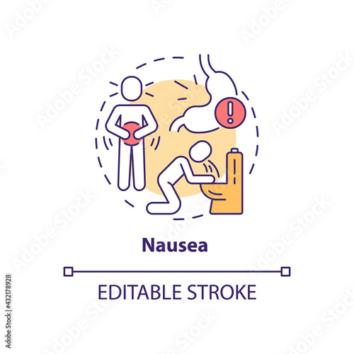 Nausea concept icon. Air pollution disease symptom idea thin line illustration. Vomiting. Health impacts. Abdominal pain, heaviness. Vector isolated outline RGB color drawing. Editable stroke