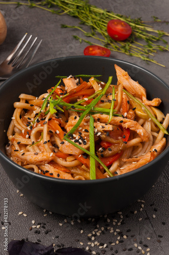 Udon wheat noodles with chicken and vegetables