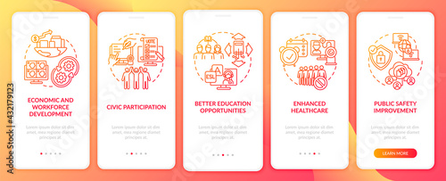Digital inclusion benefits red onboarding mobile app page screen with concepts. Computer walkthrough 5 steps graphic instructions. UI, UX, GUI vector template with linear color illustrations