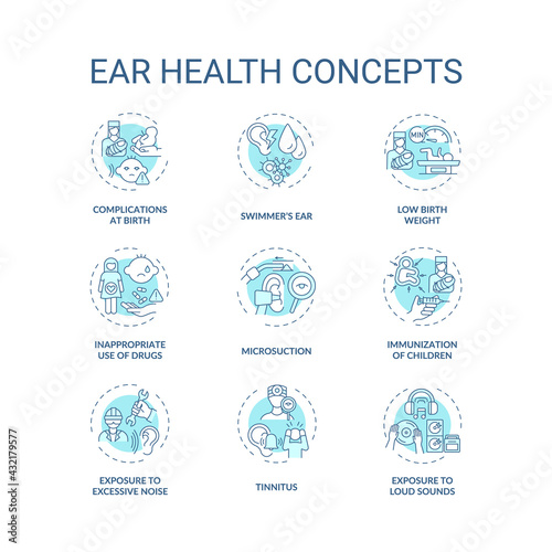Ear health concept icons set. Hearing loss prevention idea thin line RGB color illustrations. Exposure to excessive noise. Tinnitus. Vector isolated outline drawings. Editable stroke