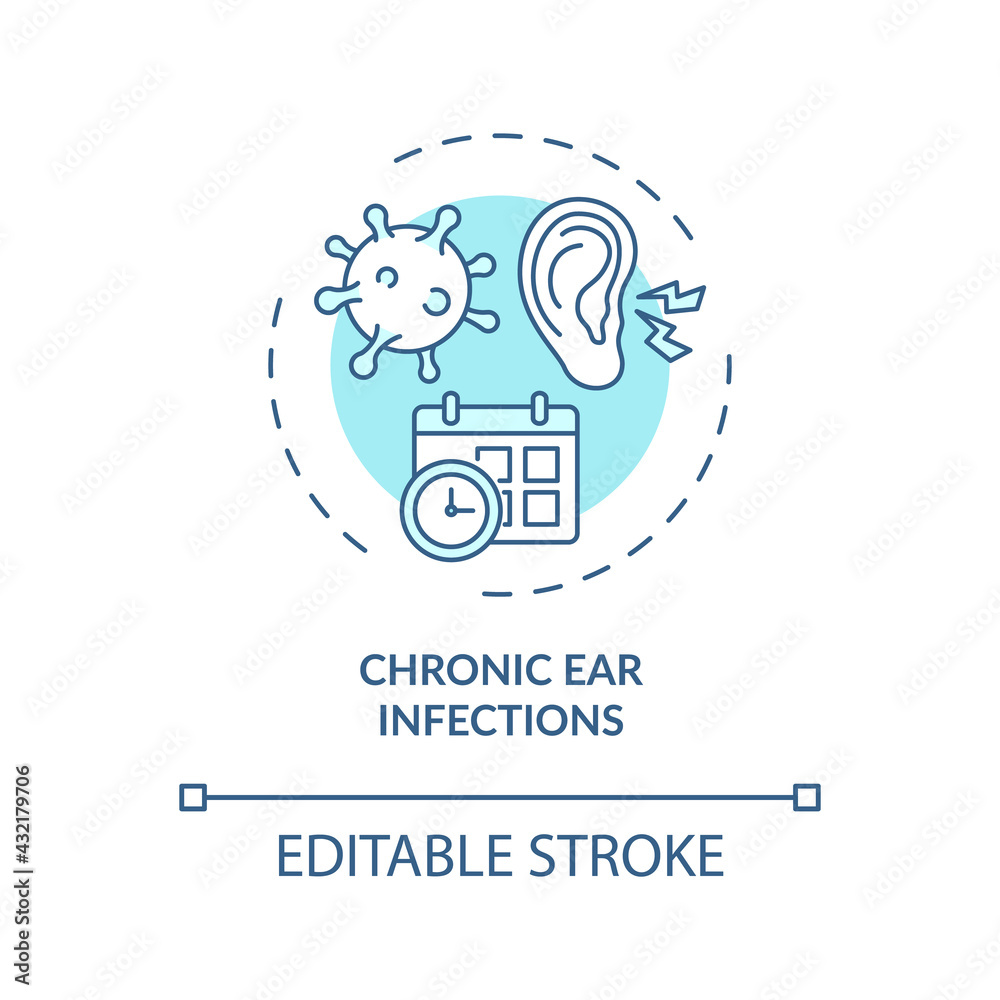 Chronic ear infections concept icon. Hearing loss cause idea thin line illustration. Preventing sounds from passing. Temporary damage. Vector isolated outline RGB color drawing. Editable stroke Chronic ear infections concept icon. Hearing loss cause idea thin line illustration. Preventing sounds from passing. Temporary damage. Vector isolated outline RGB color drawing. Editable stroke
