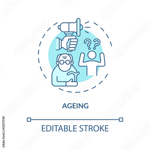 Ageing concept icon. Hearing loss cause idea thin line illustration. Age-related deafness. Presbycusis. Body functions changes with aging. Vector isolated outline RGB color drawing. Editable stroke