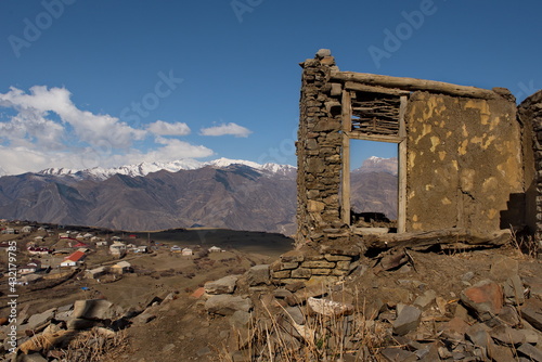 Russia. North-Eastern Caucasus, Dagestan. The stone houses of the abandoned part of the mountain village of Khushtada destroyed by time. Traditionally, all houses and fences are made of rock.