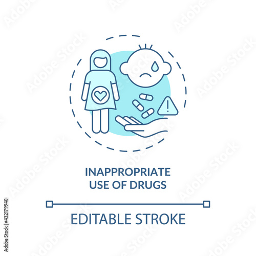 Inappropriate drugs use concept icon. Congenital hearing loss cause idea thin line illustration. Inappropriate medications prescribing. Vector isolated outline RGB color drawing. Editable stroke