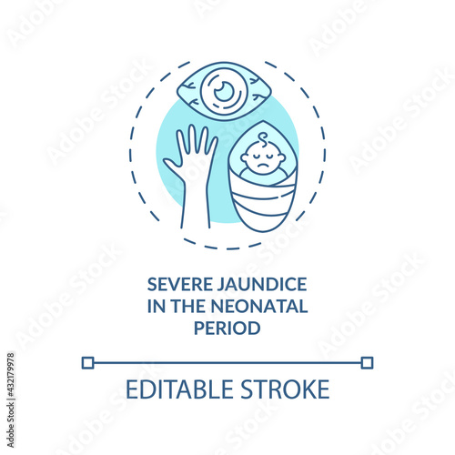 Severe jaundice in neonatal period concept icon. Congenital hearing loss idea thin line illustration. Complications after birth. Vector isolated outline RGB color drawing. Editable stroke