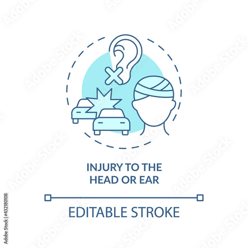 Injury to head and ear concept icon. Acquired hearing loss cause idea thin line illustration. Damage to auditory pathway. Blunt head trauma. Vector isolated outline RGB color drawing. Editable stroke