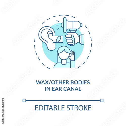 Wax and other foreign bodies in ear canal concept icon. Acquired hearing loss idea thin line illustration. Cerumen impaction. Complications. Vector isolated outline RGB color drawing. Editable stroke