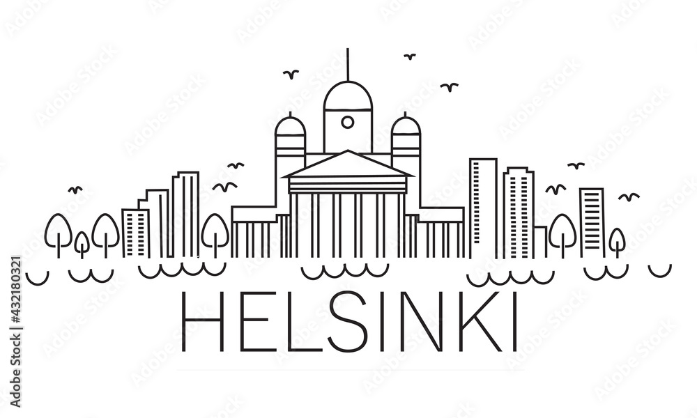 Helsinki Finland City Skyline Silhouette. Hand Drawn Illustration. Business Travel and Concept with Historic Architecture. Helsinki Cityscape with Landmarks.