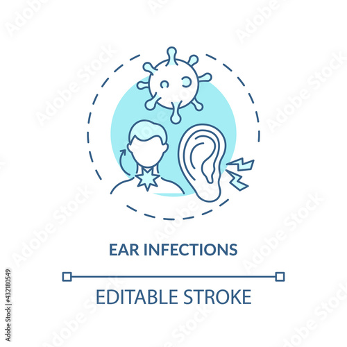 Ear infections concept icon. Acute otitis media idea thin line illustration. Inflammation, fever. Painful conditions in earholes. Vector isolated outline RGB color drawing. Editable stroke