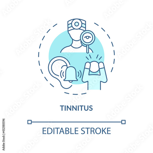 Tinnitus concept icon. Top ear condition idea thin line illustration. Ringing, buzzing in ear. Clicking, hissing sound in eardrums. Vector isolated outline RGB color drawing. Editable stroke