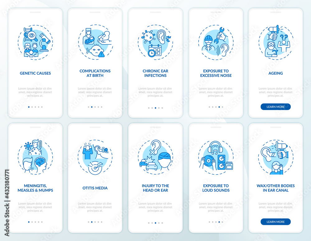 Hearing impairment factors onboarding mobile app page screen with concepts set. Genetics, injury walkthrough 5 steps graphic instructions. UI, UX, GUI vector template with linear color illustrations