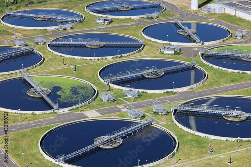 An aerial view taken from a helicopter of the a sewage treatment works in East London. The huge facility on the banks of the river Thames processes waste from a large part of the capital city. photo