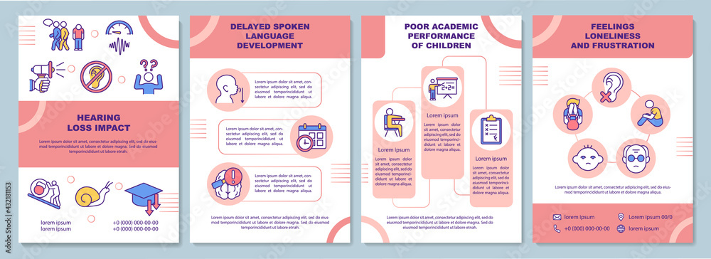 Hearing loss impact brochure template. Poor academic performance. Flyer, booklet, leaflet print, cover design with linear icons. Vector layouts for presentation, annual reports, advertisement pages