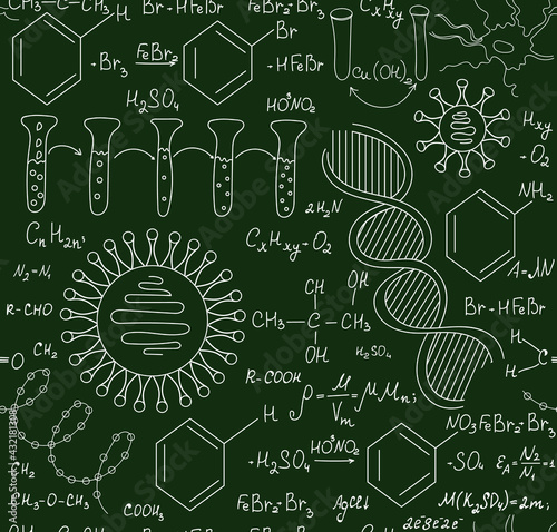 Beautiful chemistry vector seamless pattern with plots  formulas and laboratory equipment handwritten with chalk on green blackboard