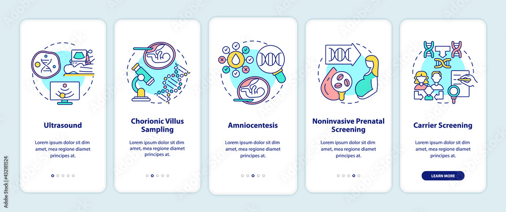 Genetic diseases testing onboarding mobile app page screen with concepts. Diagnostics walkthrough 5 steps graphic instructions. UI, UX, GUI vector template with linear color illustrations