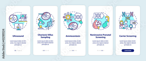 Genetic diseases testing onboarding mobile app page screen with concepts. Diagnostics walkthrough 5 steps graphic instructions. UI, UX, GUI vector template with linear color illustrations