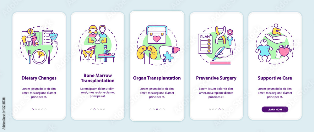 Genetic diseases treatment onboarding mobile app page screen with concepts. Healthcare walkthrough 5 steps graphic instructions. UI, UX, GUI vector template with linear color illustrations