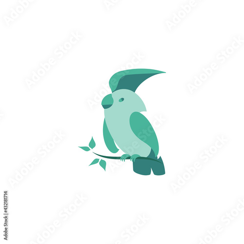 Green parrot on a twig with leaves. Logo. Vector illustration isolated on white background. Flat design..