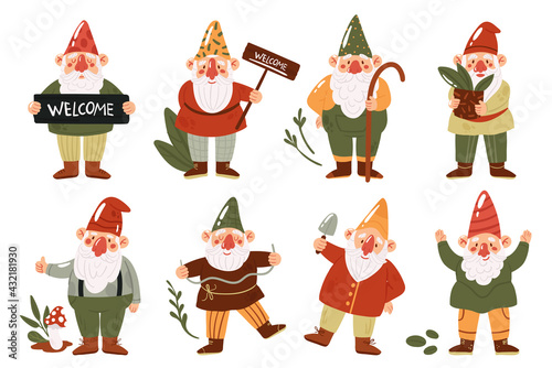 Cute garden gnomes or dwarfs vector illustration set. Cartoon funny myth fairytale characters with hats collection, small gnomes or trolls gardening, holding mushroom, plant pot isolated on white