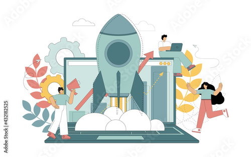 Startup concept. achievement of success. A rocket flying out of a laptop