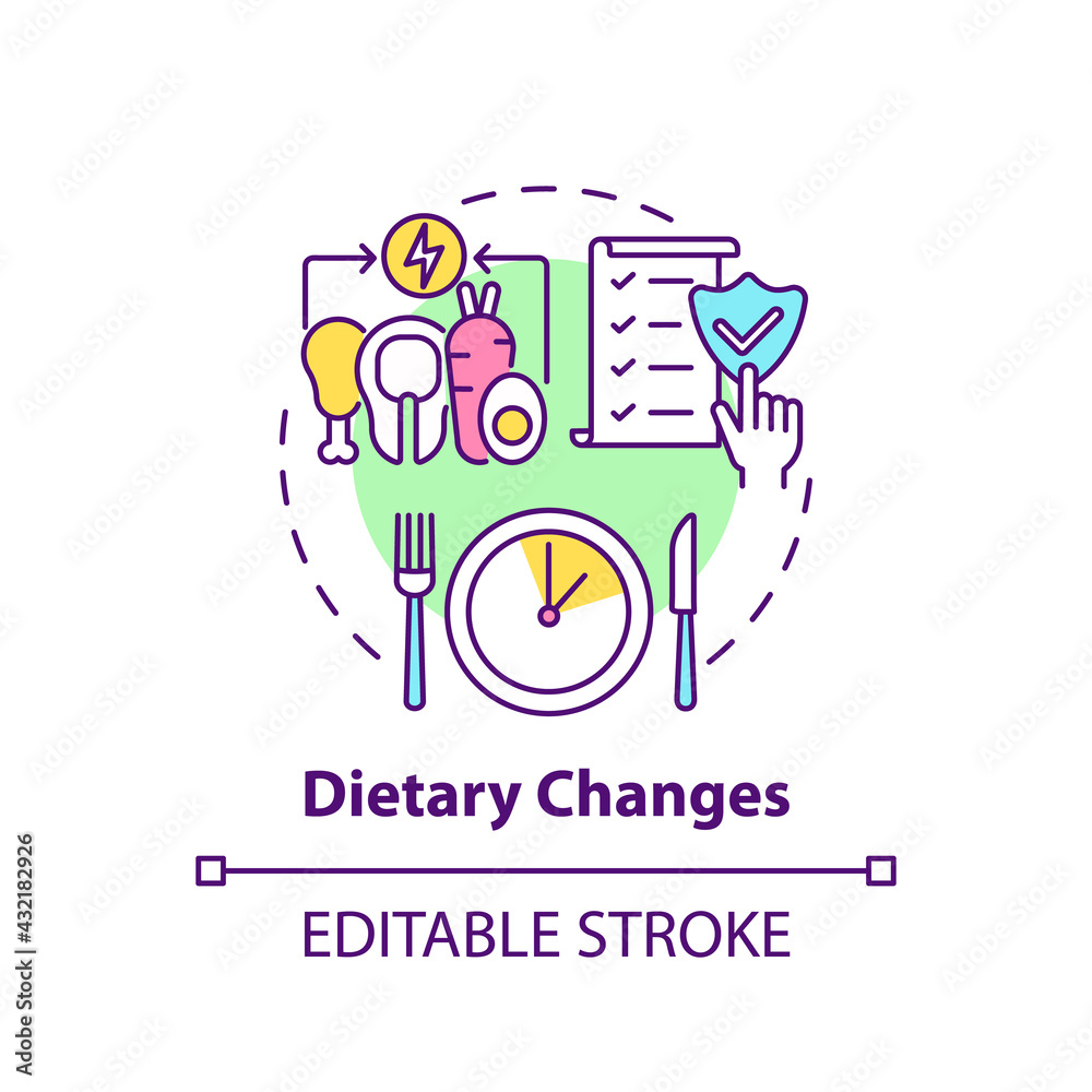 Dietary changes concept icon. Healthy lifestyle. Eating program. Nutrient food. Genetic disease treatment idea thin line illustration. Vector isolated outline RGB color drawing. Editable stroke