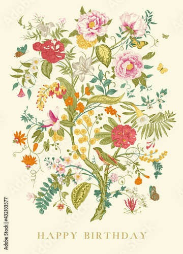 Greeting card. Happy Birthday. Blooming tree. Vintage floral illustration