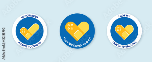 Vaccine campaign stickers with medical plaster. Vaccination badges