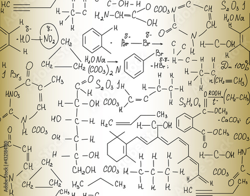 Chemistry educational vector seamless pattern with handwritten chemical formulas and molecular equations