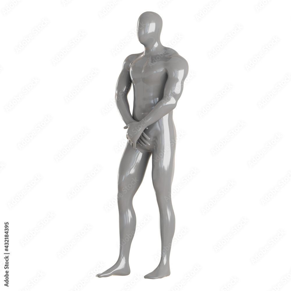 A gray male faceless mannequin stands with his palms crossed on a white background. 3d rendering