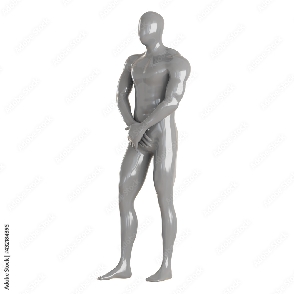 A gray male faceless mannequin stands with his palms crossed on a white background. 3d rendering A gray male faceless mannequin stands with his palms crossed on a white background. 3d rendering