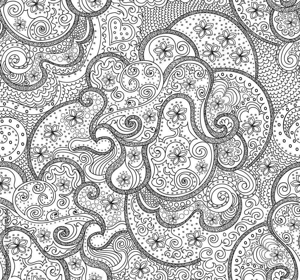 Beautiful abstract vector seamless pattern with handwritten curling lines, doodles and flowers