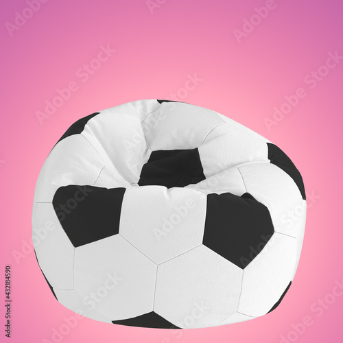 White armchairbag with a pattern of black hexagons on a pink background. Armchair soccer ball. 3d rendering photo